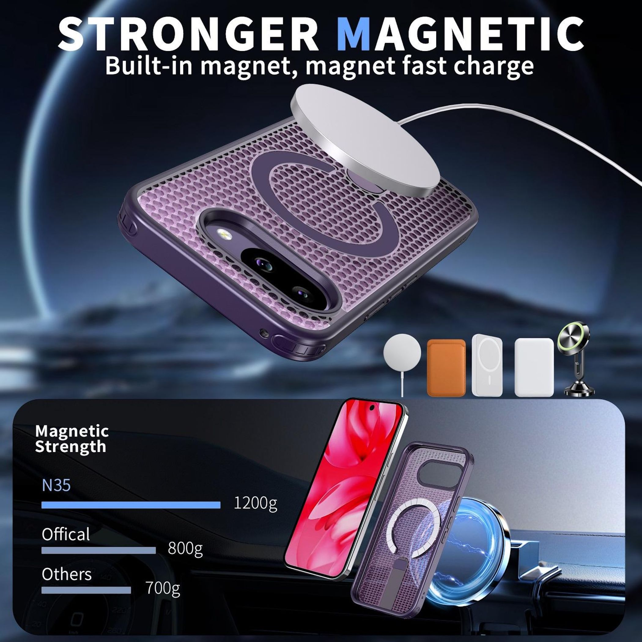 Starke magnetische Handyhülle mit Ladegerät und Diagramm der Magnetstärke.