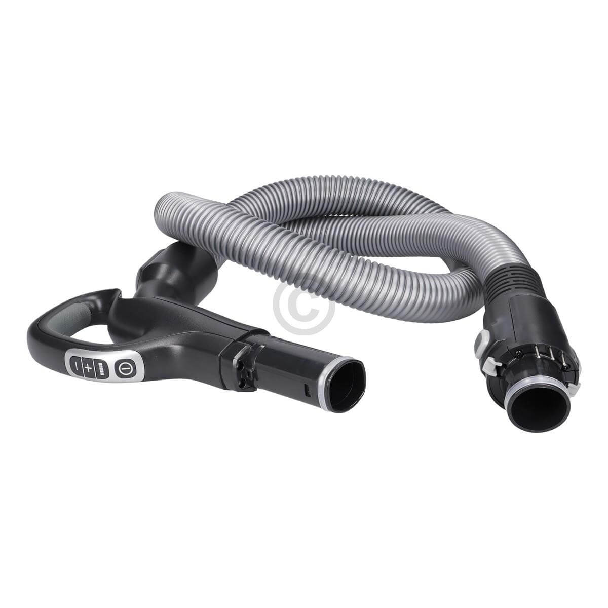 Tuyau d'aspirateur noir avec poignée et commandes.
