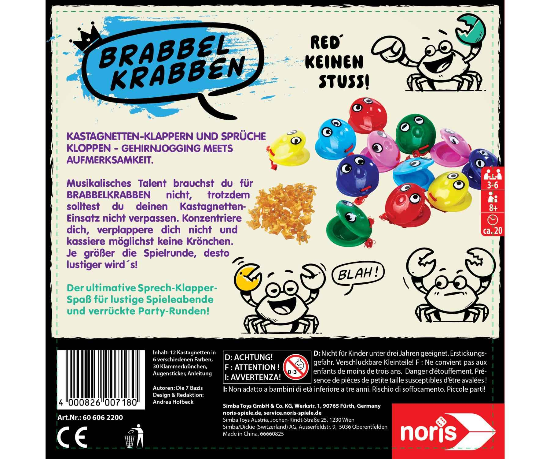 Bunte Kastagnetten mit Krabben-Motiv. Spielanleitung und Warnhinweise.