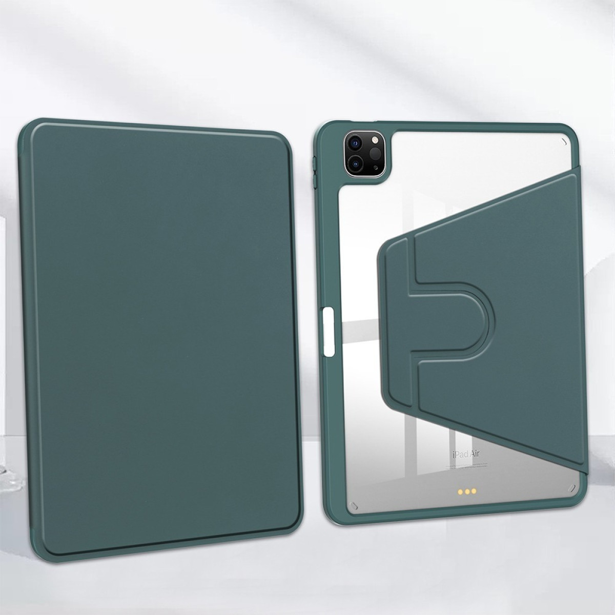 Dunkelgrüne Hülle für ein iPad Air mit transparenter Rückseite und Kartenhalter.