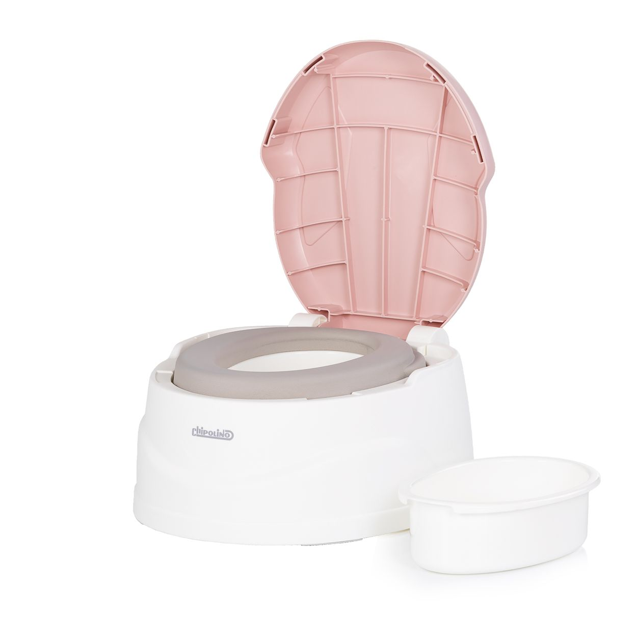 Ein weißes Töpfchen für Kinder mit rosa Deckel und grauem Sitz. Daneben steht ein weißer Mülleimer.
