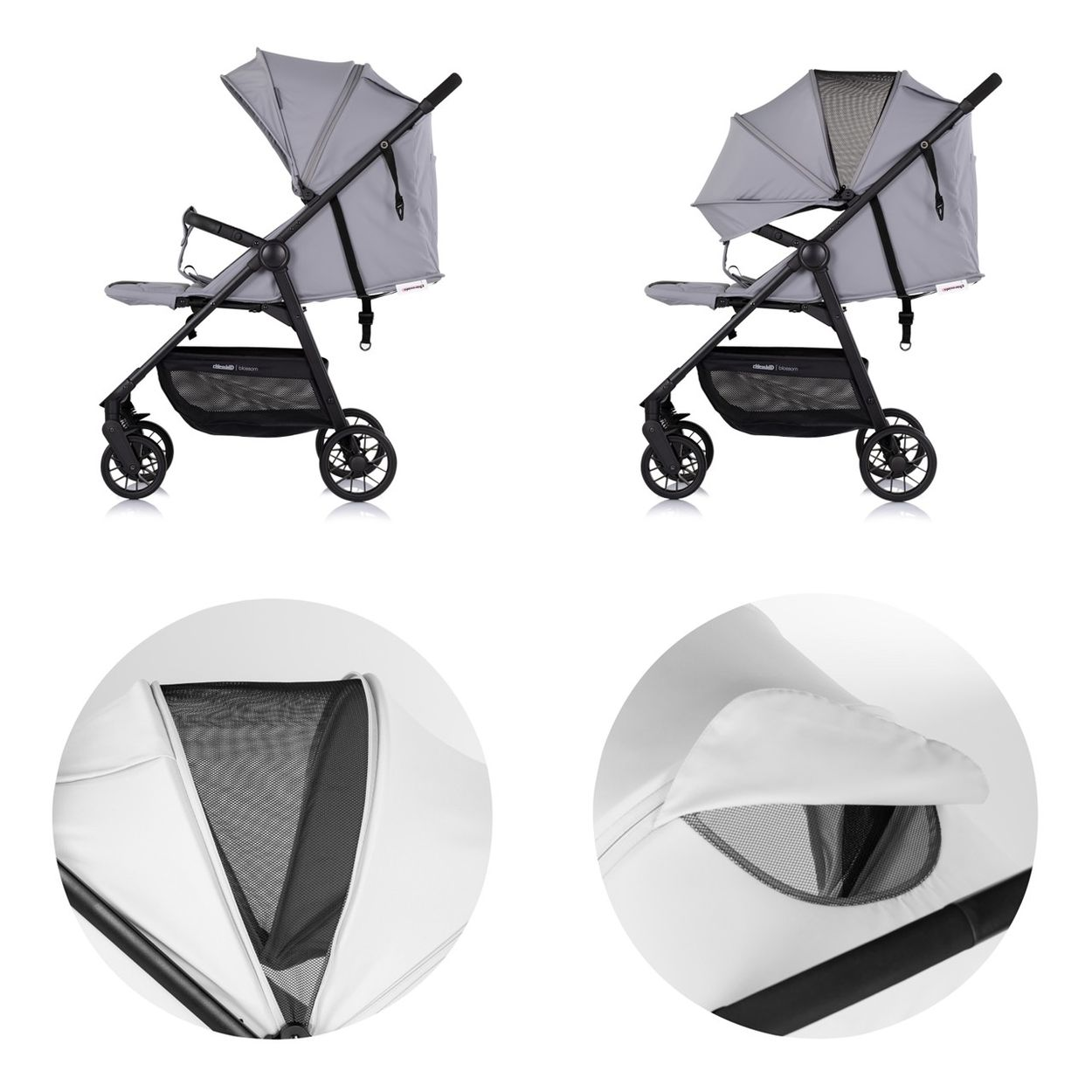 Zwei graue Kinderwagen mit Netzbelüftung und Details. Praktisch für unterwegs.
