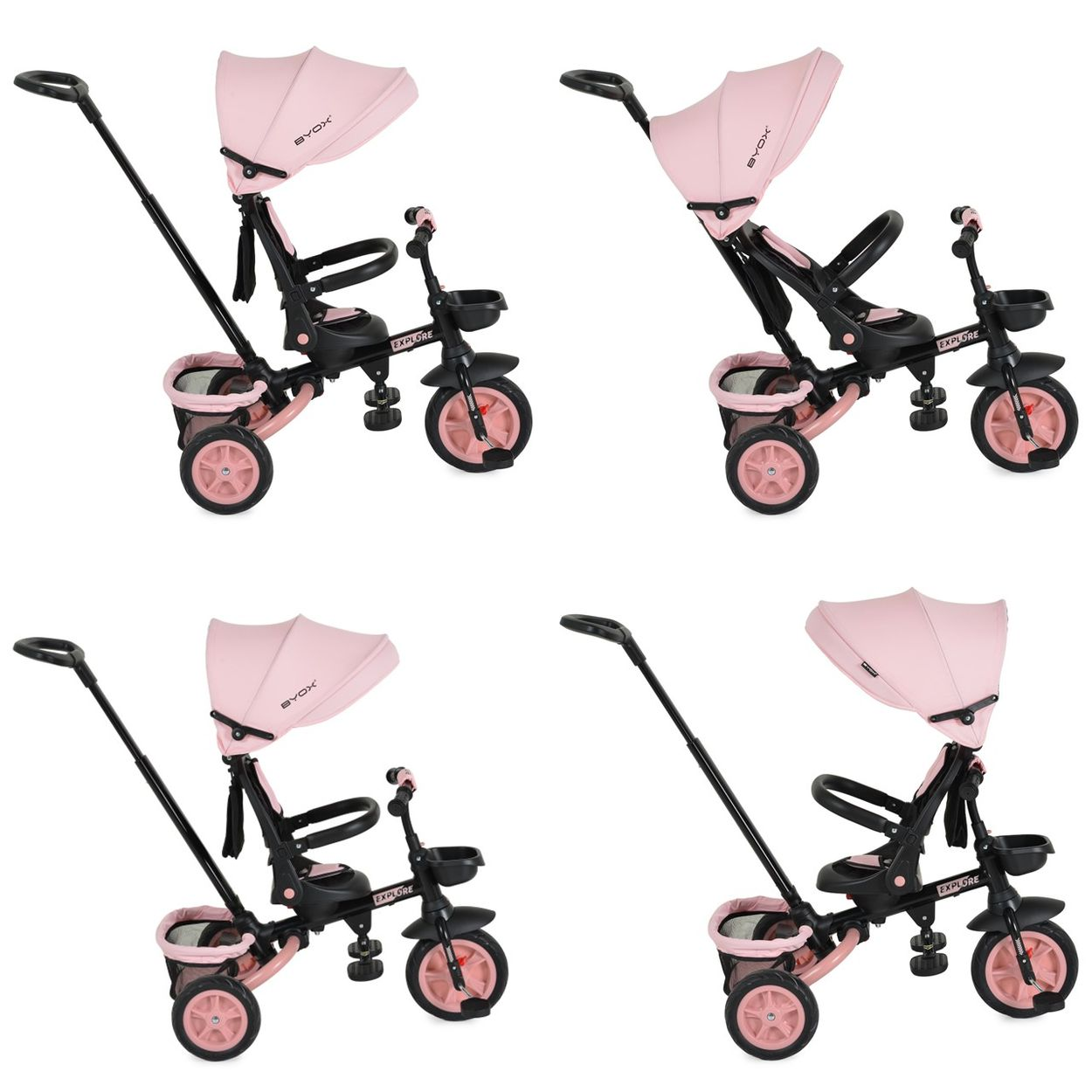 Ein rosafarbener Kinderdreirad mit Verdeck, Schubstange und Korb.