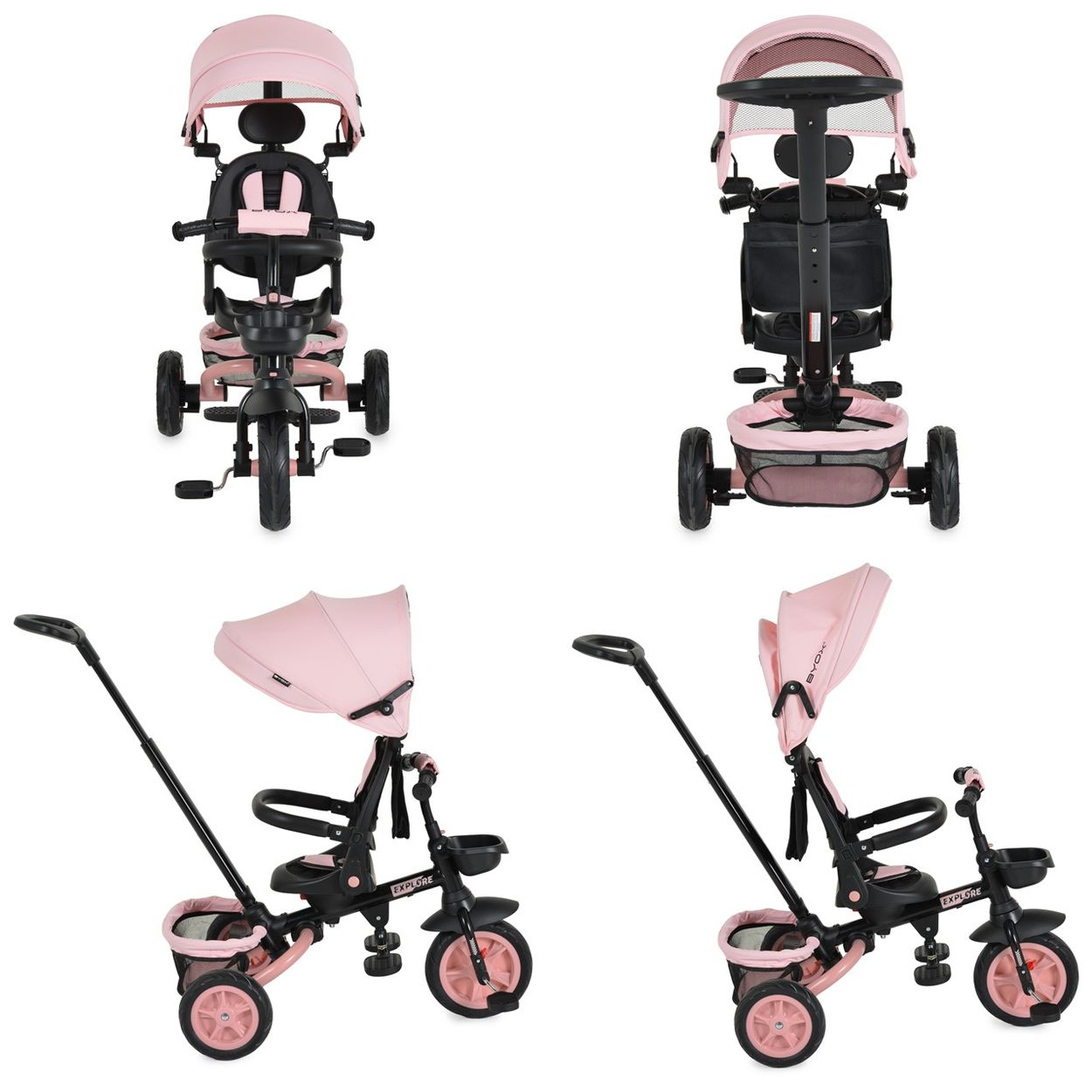 Ein rosafarbener Dreirad-Kinderwagen mit Verdeck, Sitz und Schubstange.