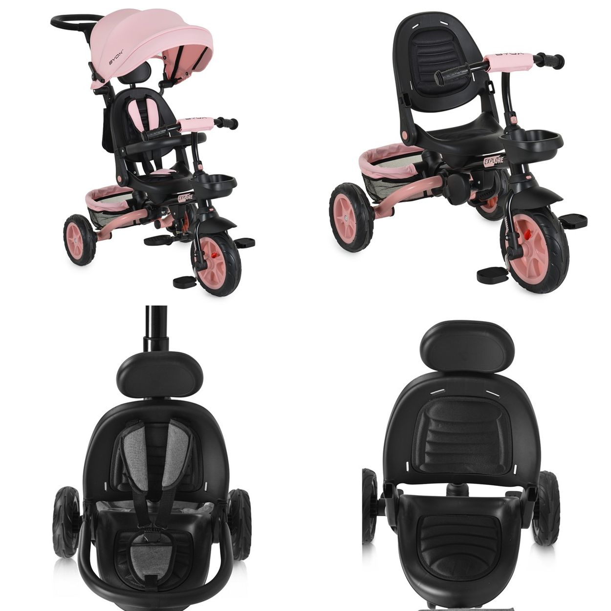 Ein pinker und schwarzer Kinderdreirad-Kinderwagen mit Sonnendach und Aufbewahrungstasche.
