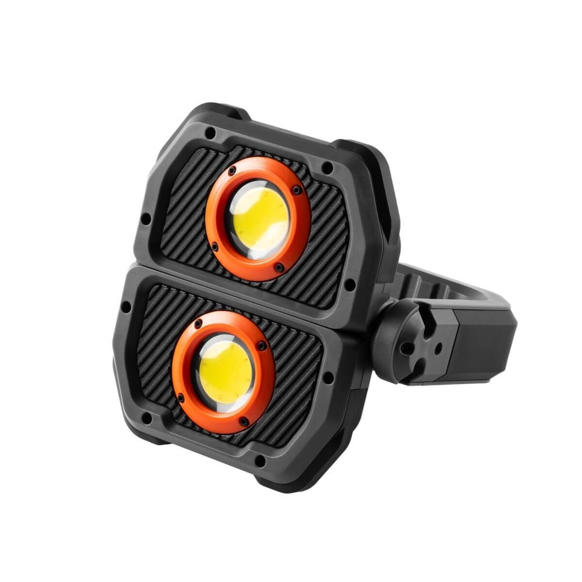 Ein schwarzer Arbeitsstrahler mit zwei runden, orange umrandeten COB-LEDs.