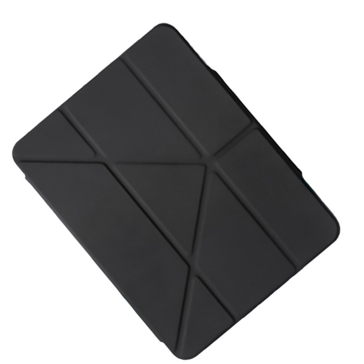 Schwarzer Tablet-Ständer mit geometrischem Muster, auf weißem Hintergrund.