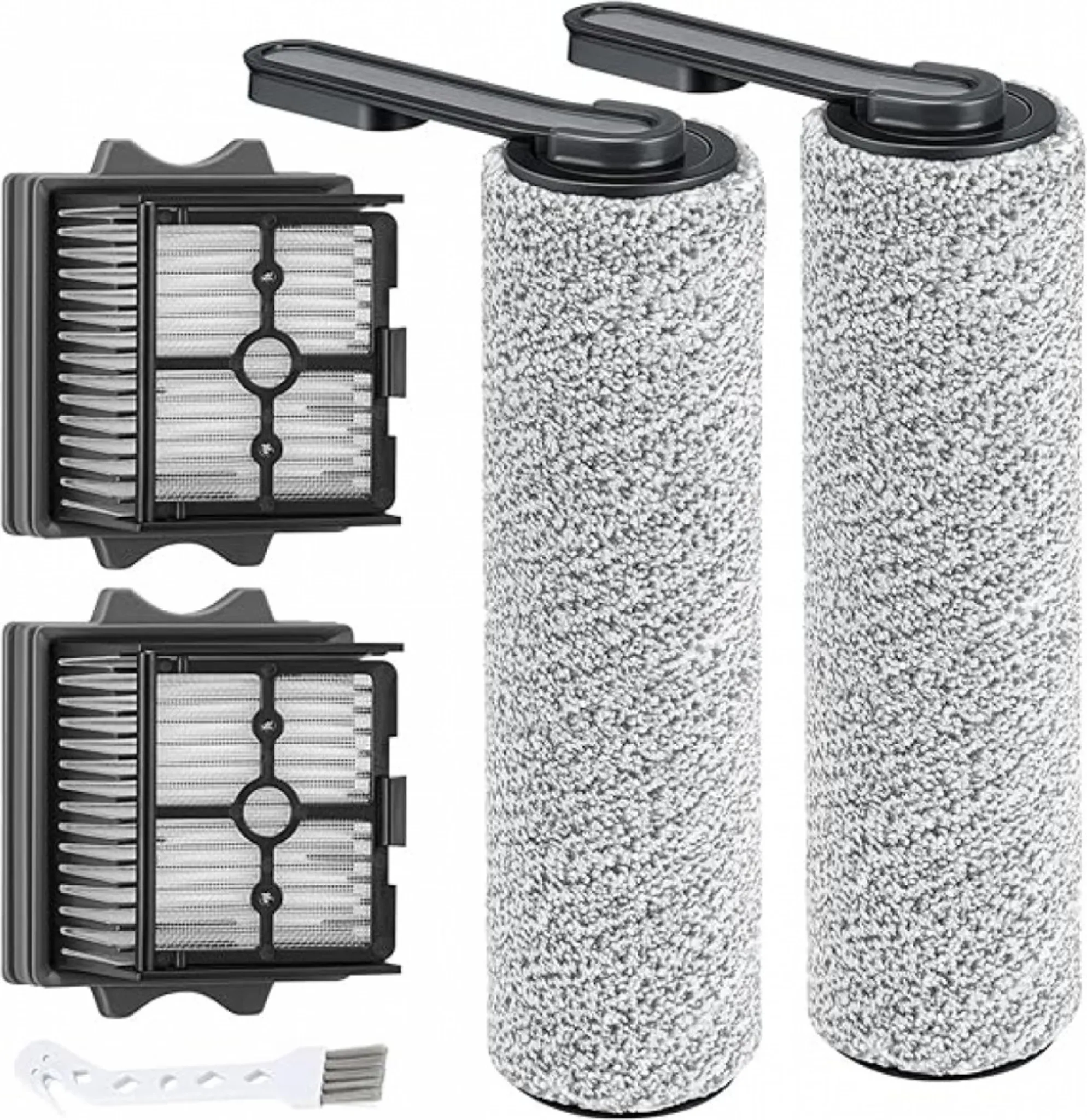Zwei Graue Walzenbürsten und zwei Filter mit weißem Reinigungsbürsten.