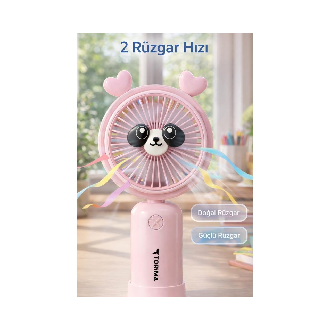 Kalp kulaklı pembe panda fan, renkli hava akışlarını gösteriyor.