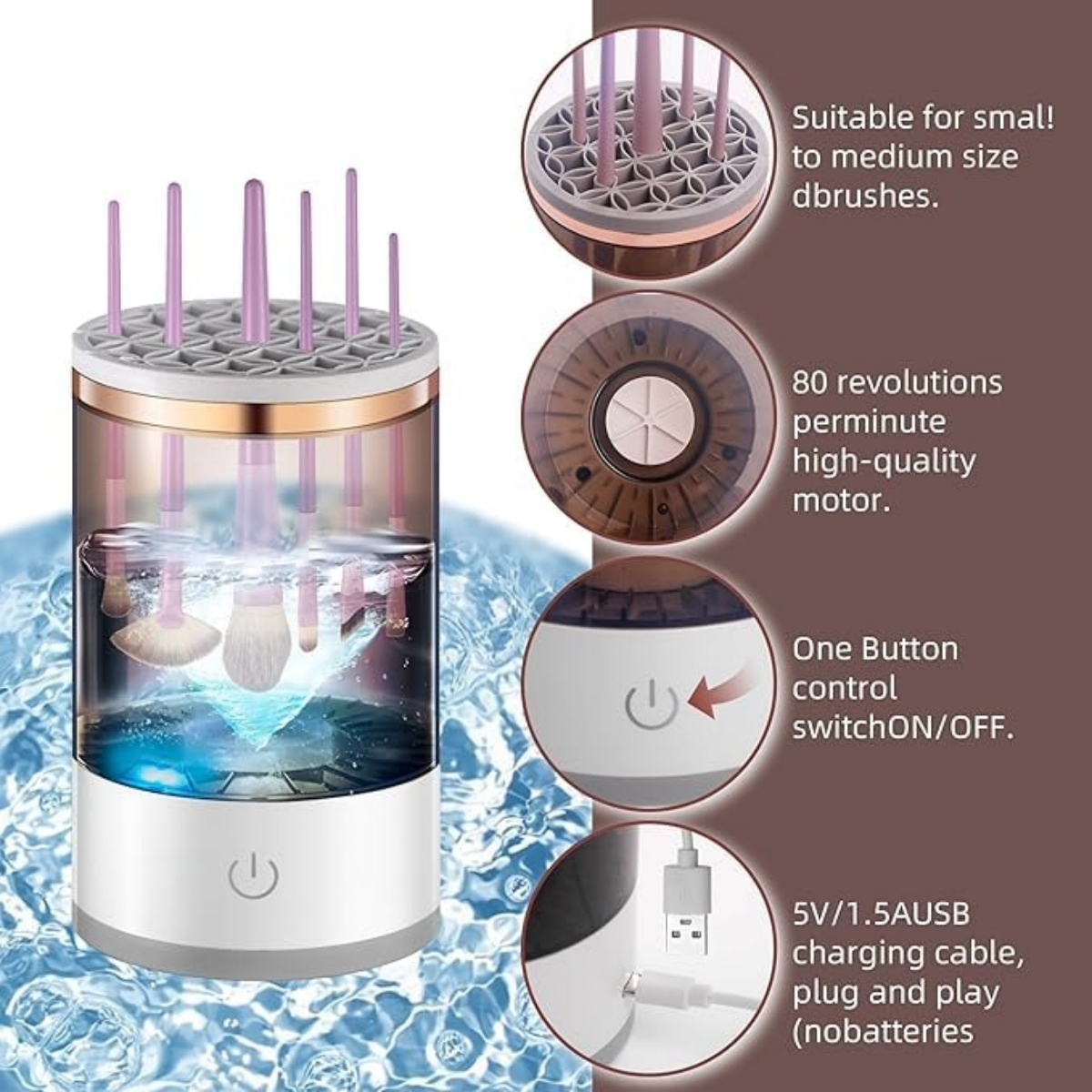 Automatischer Make-up-Pinselreiniger mit lila Pinseln im Wasser. USB-Aufladung.