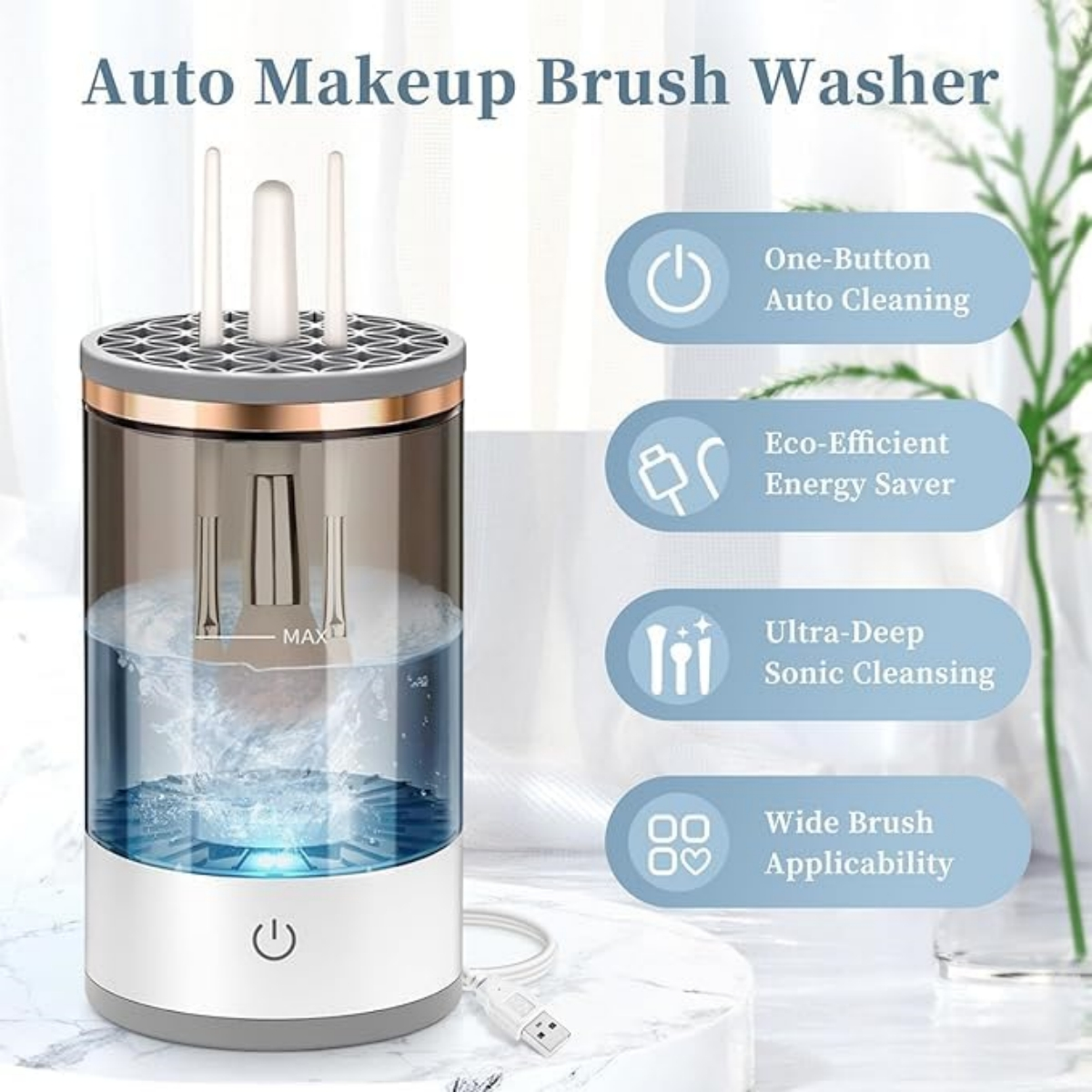 Automatischer Make-up-Pinselreiniger mit Wasser und verschiedenen Reinigungsmodi.
