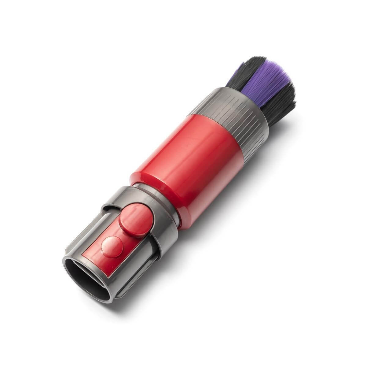 Un accessoire d'aspirateur rouge et gris avec des poils violets et noirs.