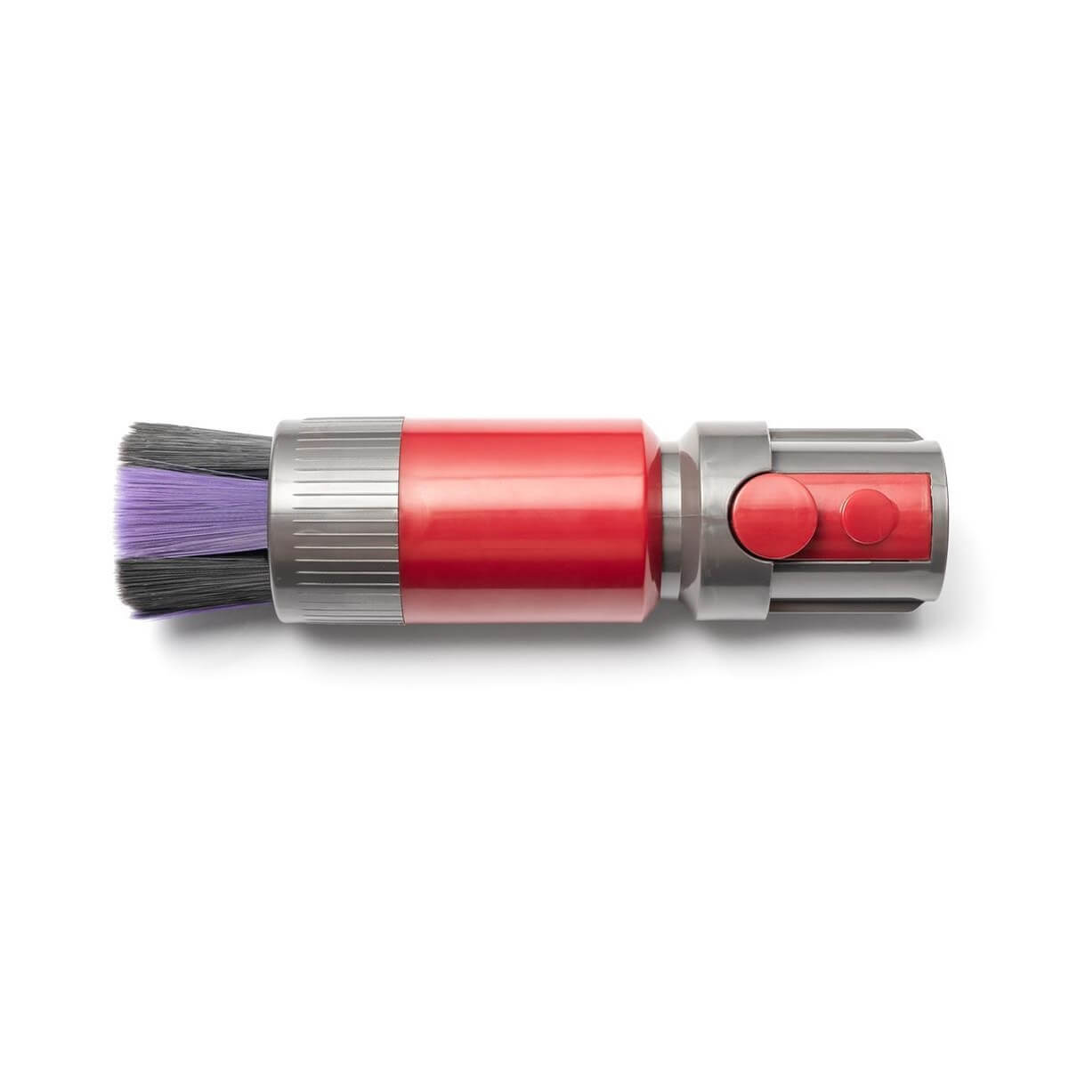 Un accessoire d'aspirateur rouge et gris avec des poils violets et gris.