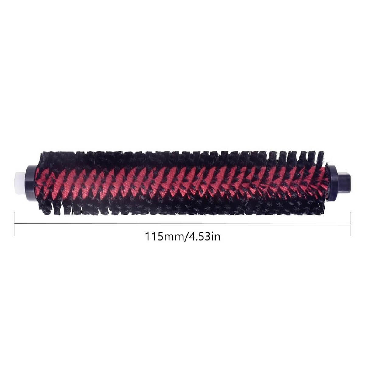 Eine rot-schwarze Bürstenrolle mit einer Längenangabe von 115 mm/4,53 Zoll.
