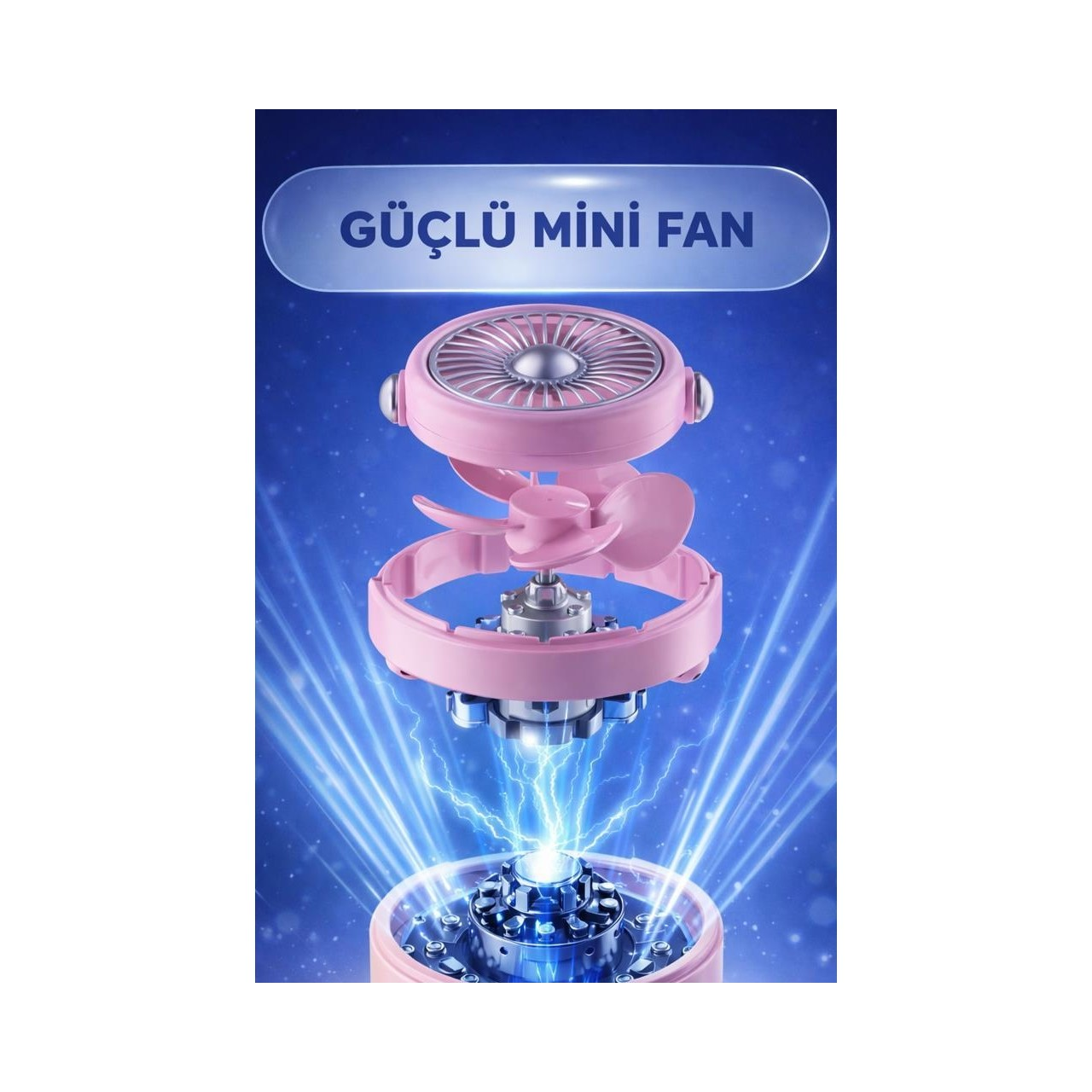 Pembe mini vantilatör, açıkta kalan iç parçalar ve mavi ışık ışınları.