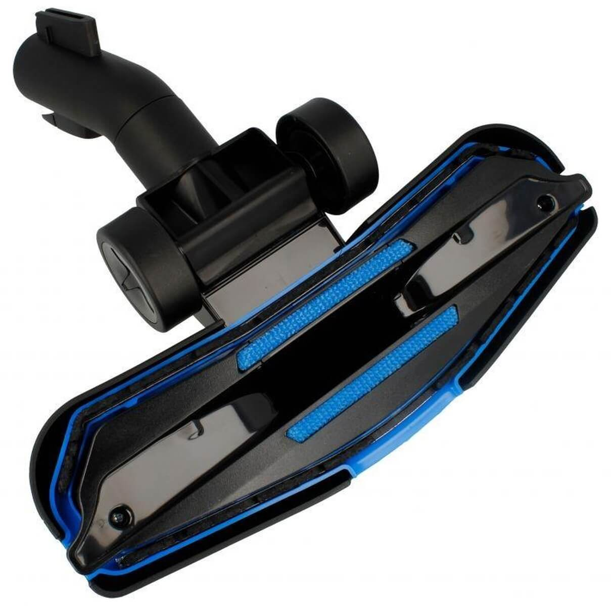 Schwarzer Staubsaugerkopf mit blauen Akzenten und zwei Rädern auf weißem Grund.
