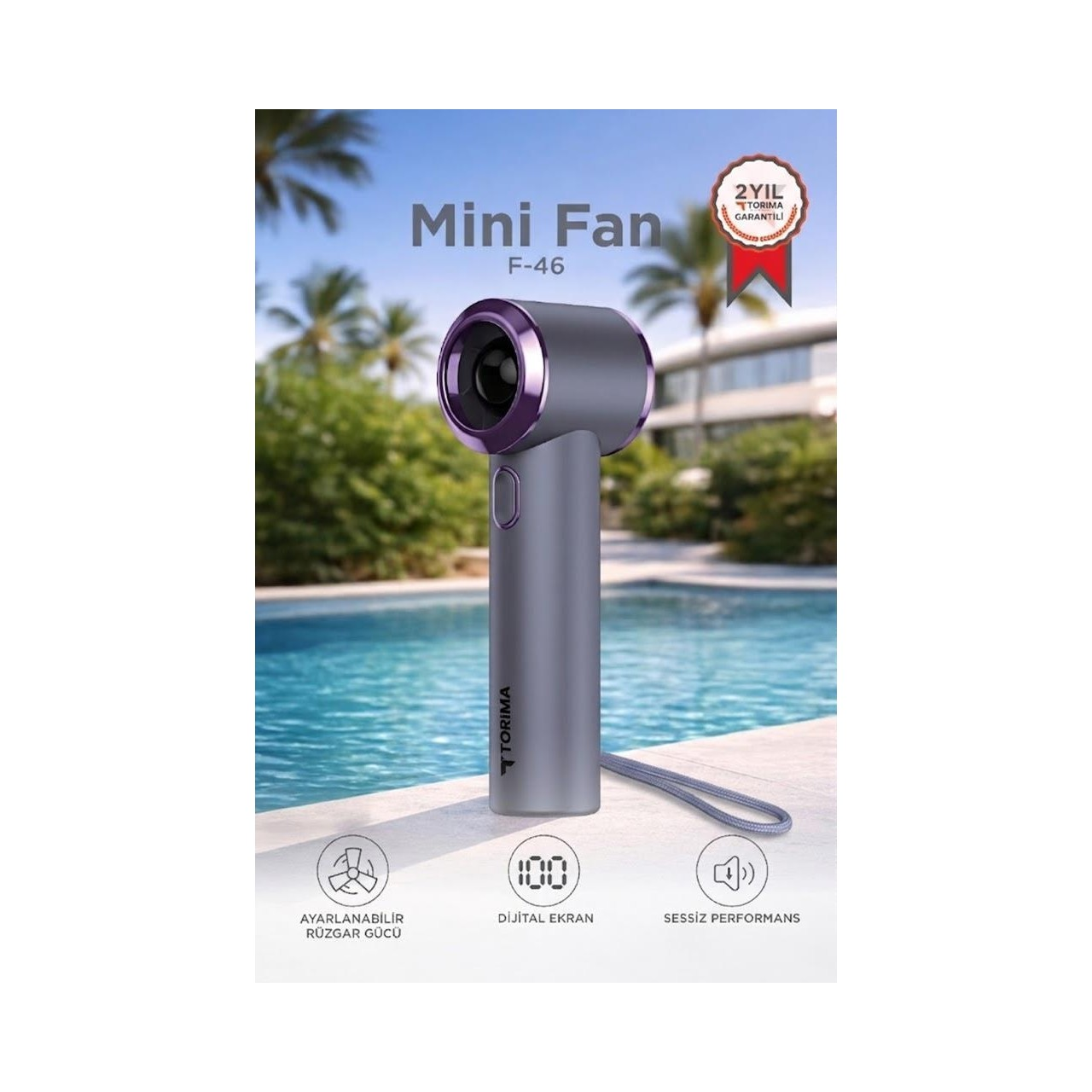 TORIMA F46 Dijital Göstergeli 5 Kademeli Turbo Mini Fan Şarjlı El Vantilatörü Gri