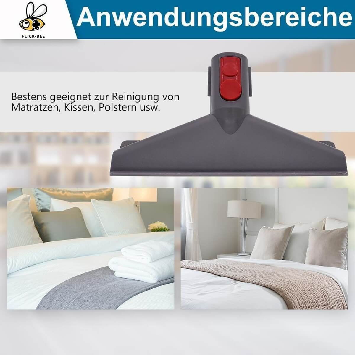 Bouton d'aspirateur gris avec boutons rouges. Lits à côté.
