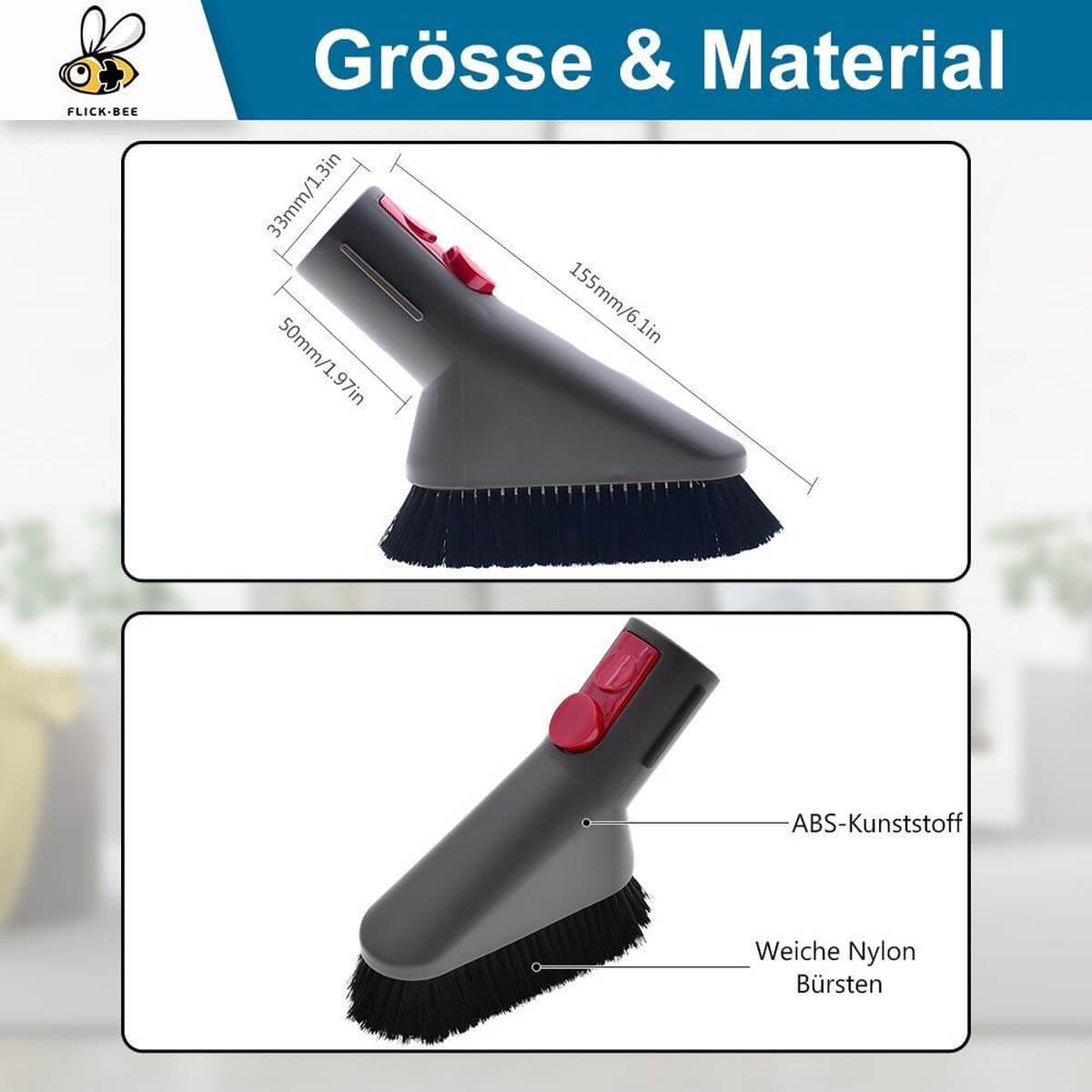 Un embout d'aspirateur avec brosses et boutons rouges, avec dimensions.