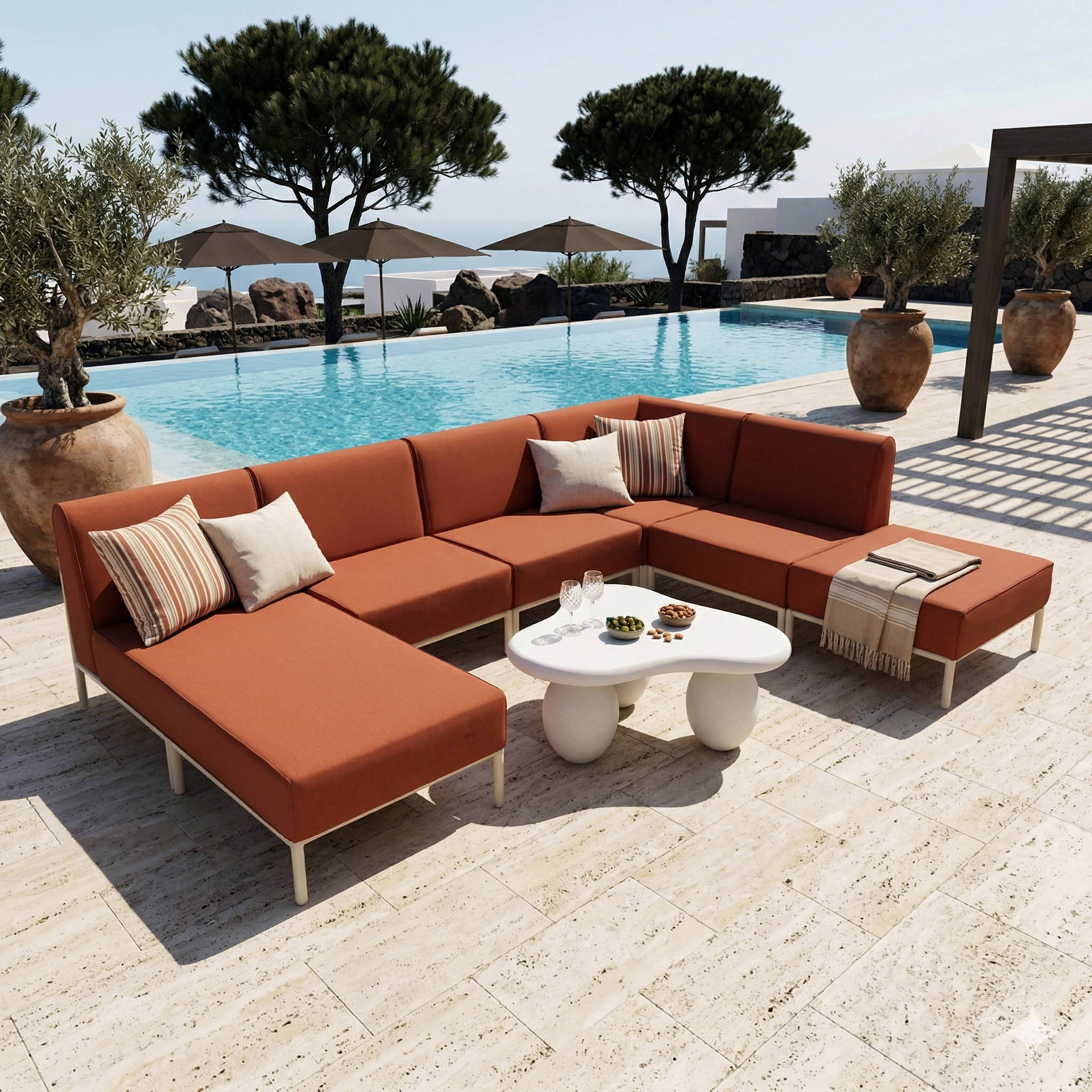 Rostfarbenes Lounge-Set am Pool mit weißem Tisch, Bäumen und Sonnenschirmen.
