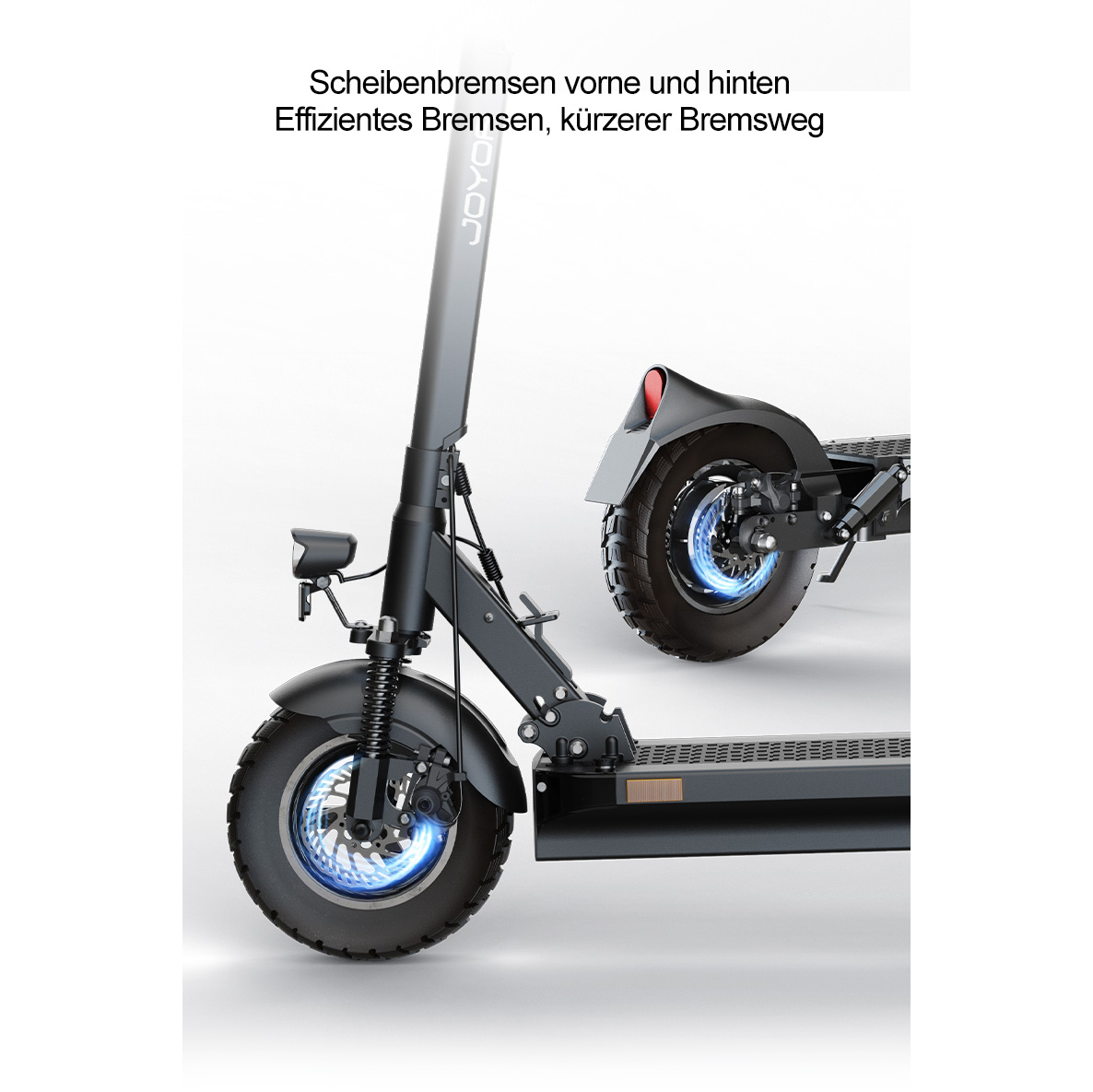 Nahaufnahme eines schwarzen Elektrorollers mit Scheibenbremsen vorne und hinten.