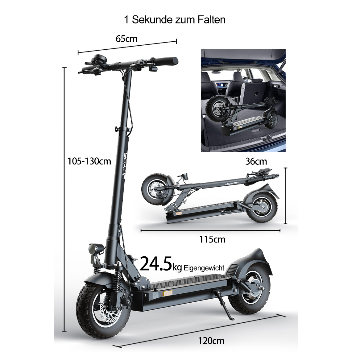 Schwarzer Elektroroller mit Maßen. Lässt sich für die Kofferraumlagerung zusammenklappen.