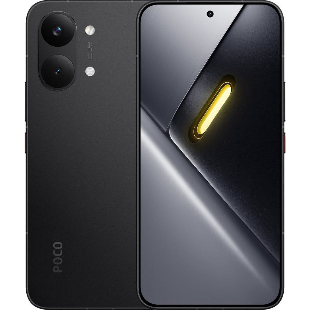 POCO logosu ve çift arka kameraya sahip siyah akıllı telefon. Ekranda parlayan öğe.