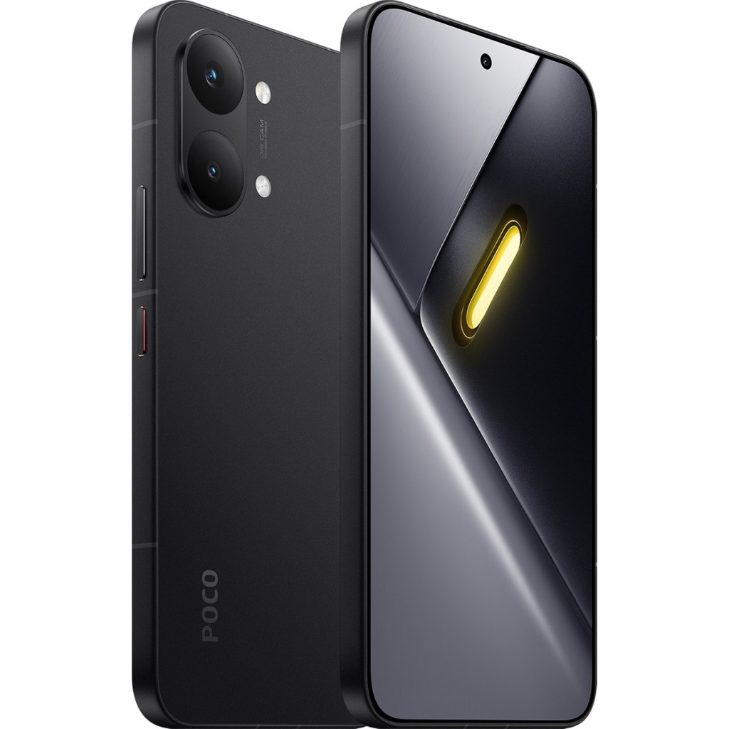 POCO logolu siyah akıllı telefon, çift kamera ve parlak ekran.