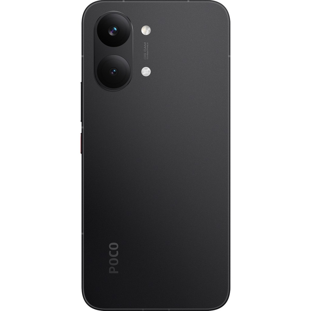 Çift kameralı siyah akıllı telefonun arka yüzü ve POCO logosu.