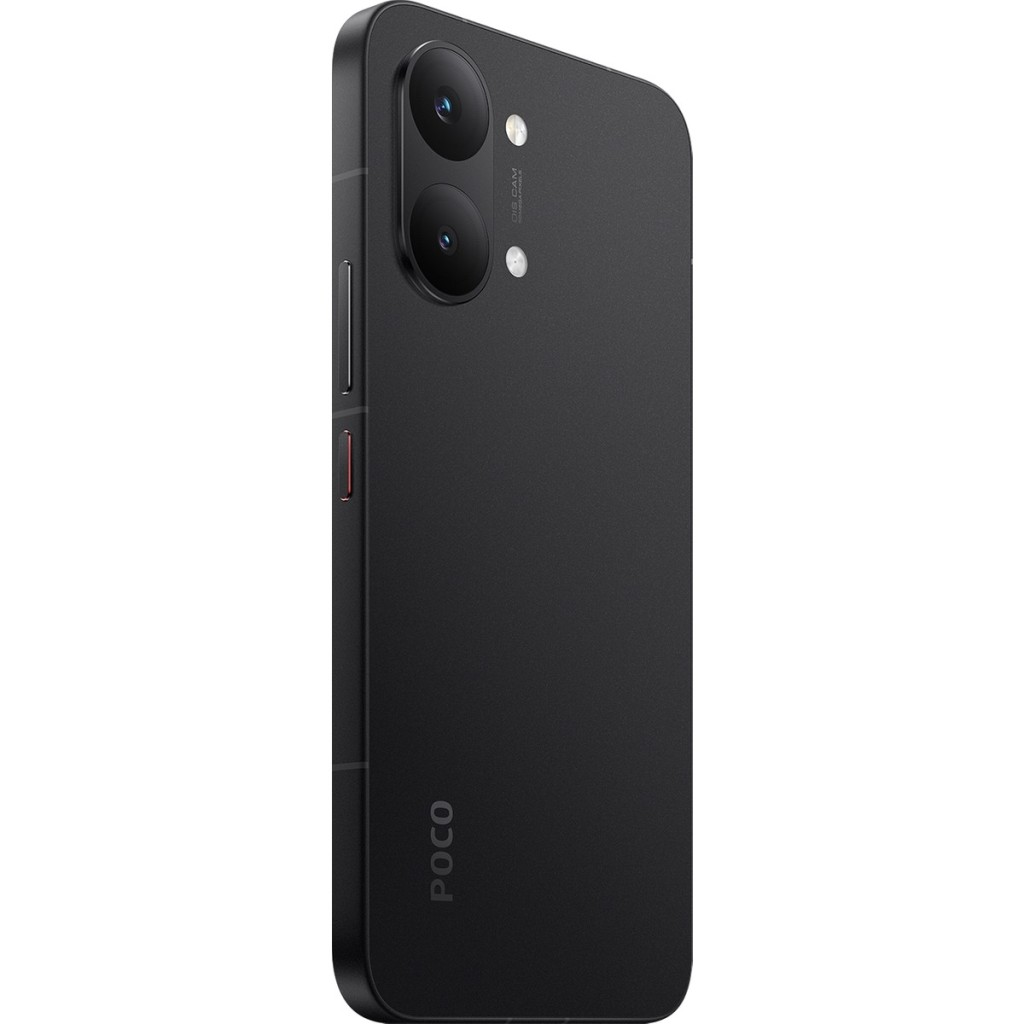 Arka taraftan görünen siyah POCO akıllı telefon, çift kameralı ve POCO logosu var.