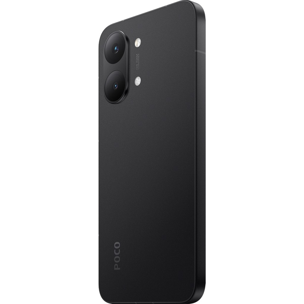 Çift kameralı ve flaşlı siyah POCO akıllı telefonun arkası.