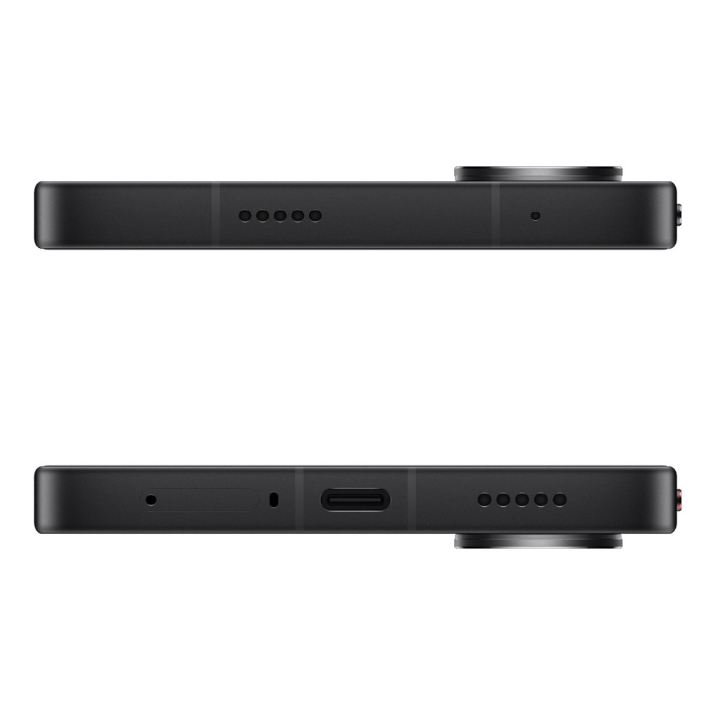 Siyah akıllı telefon yan görünüm: üst hoparlör ızgarası ve kamera lensi. Alt USB-C portu.