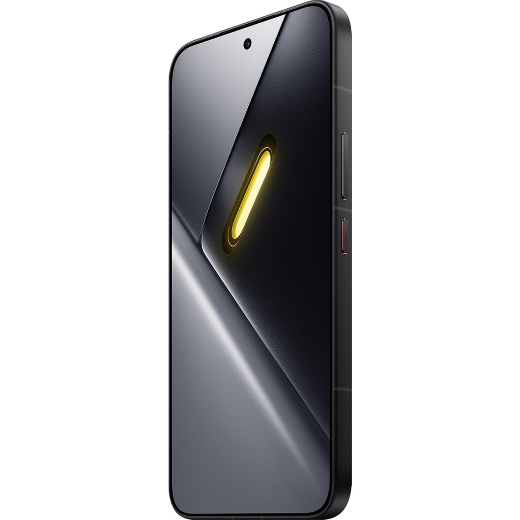 Ekranında sarı şerit bulunan siyah akıllı telefon, beyaz arka plan üzerinde.