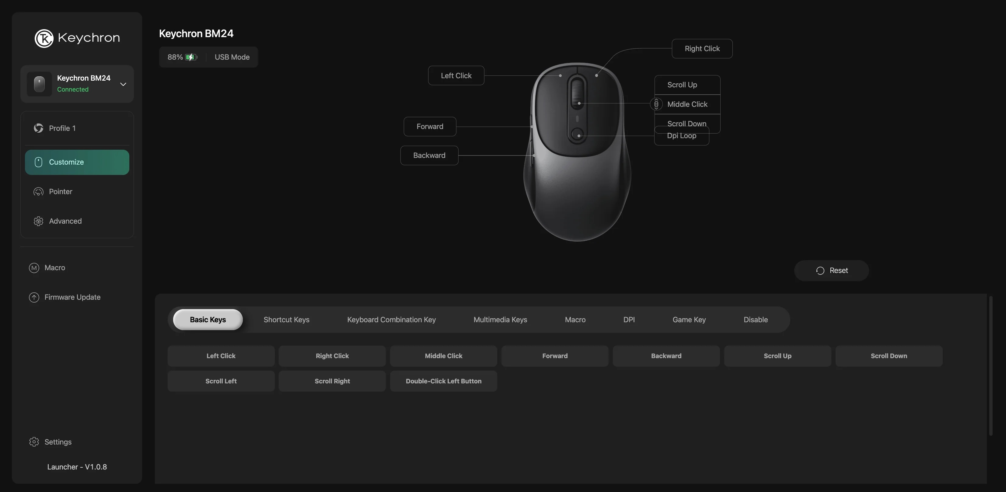 Oprogramowanie Keychron BM24: schemat myszy, bateria 88%, tryb USB, konfigurowalne przyciski.