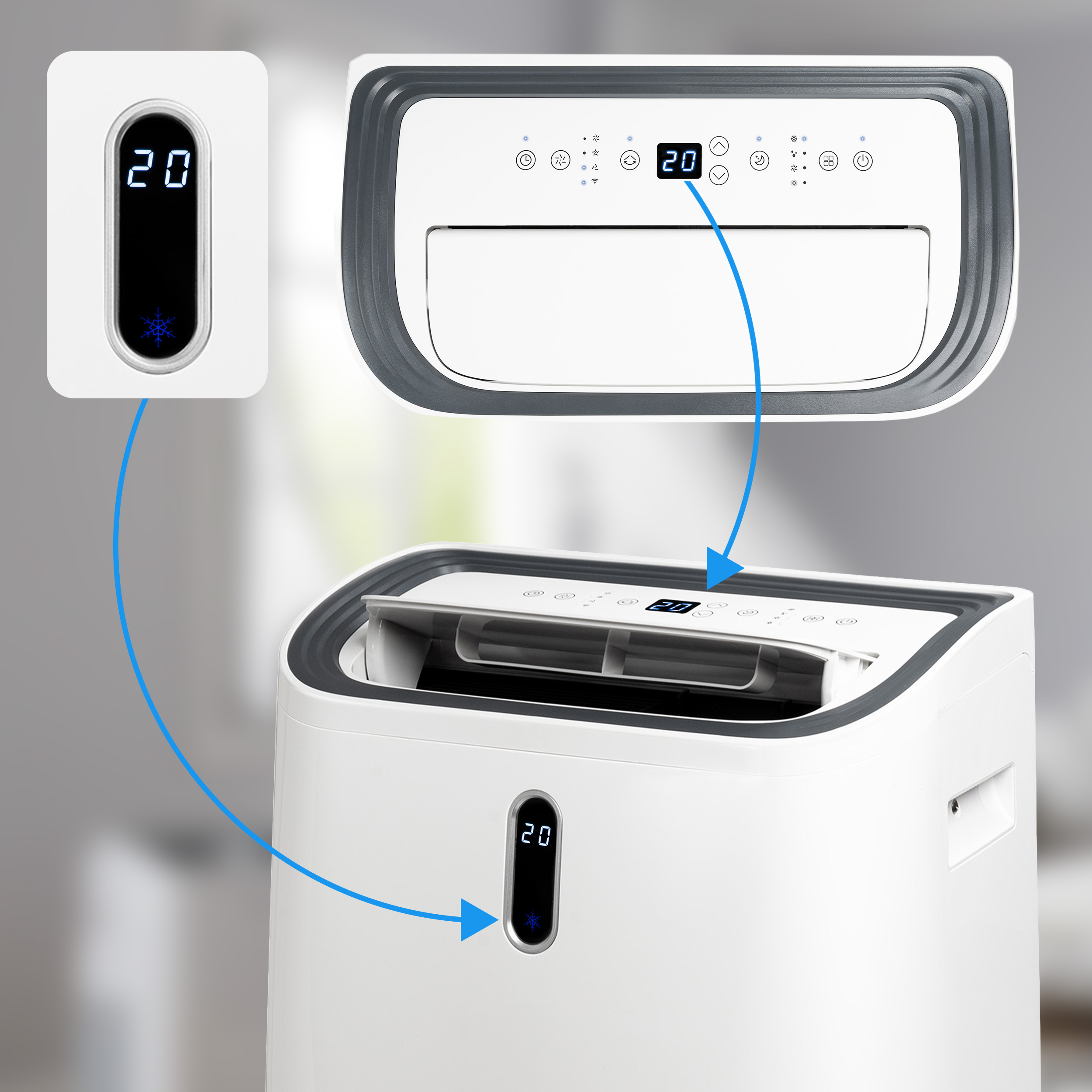 Bia'y ekran przeno'nej klimatyzacji pokazuje 20 z ikon' p'atku 'niegu.