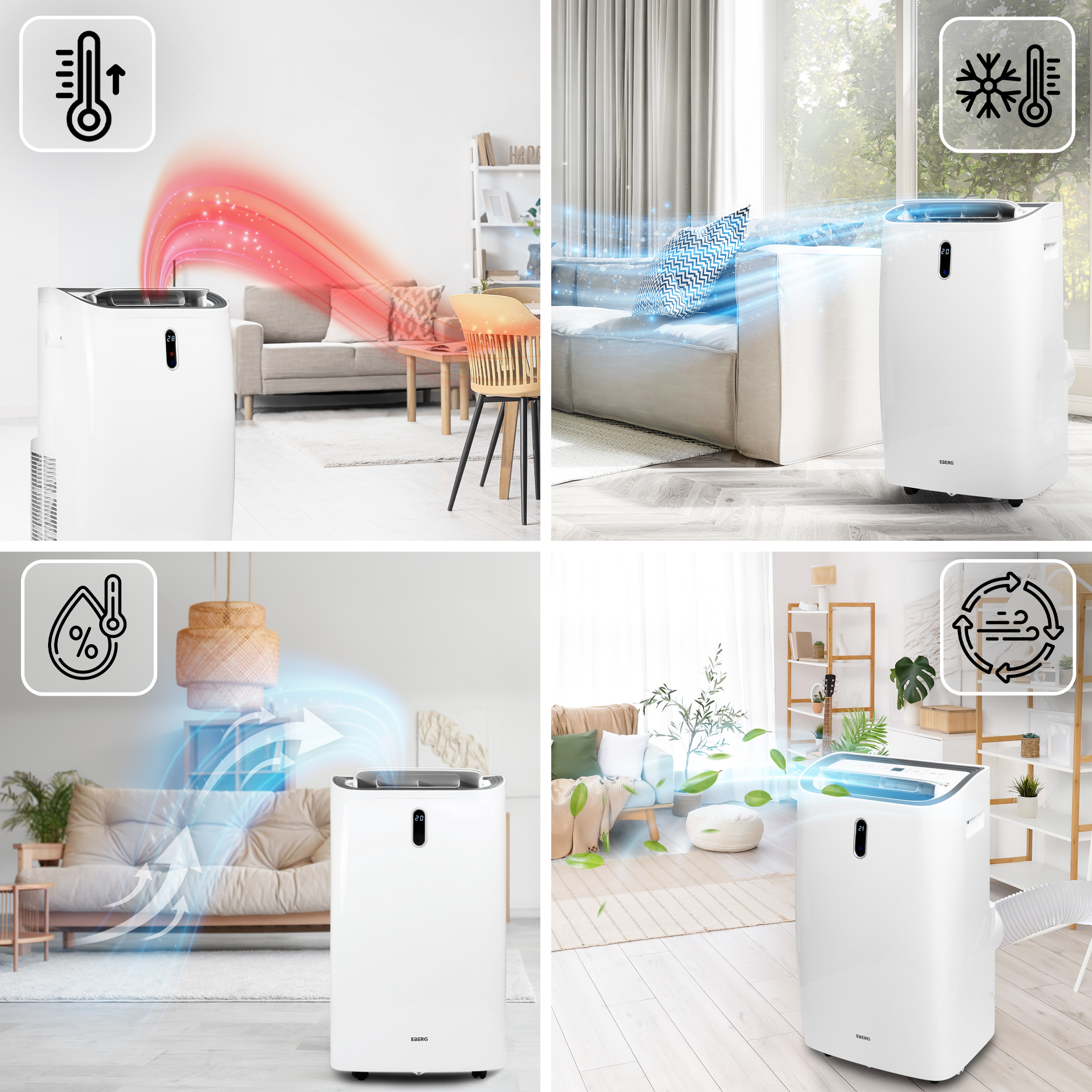 Biały klimatyzator w salonie wydmuchujący ciepłe powietrze.