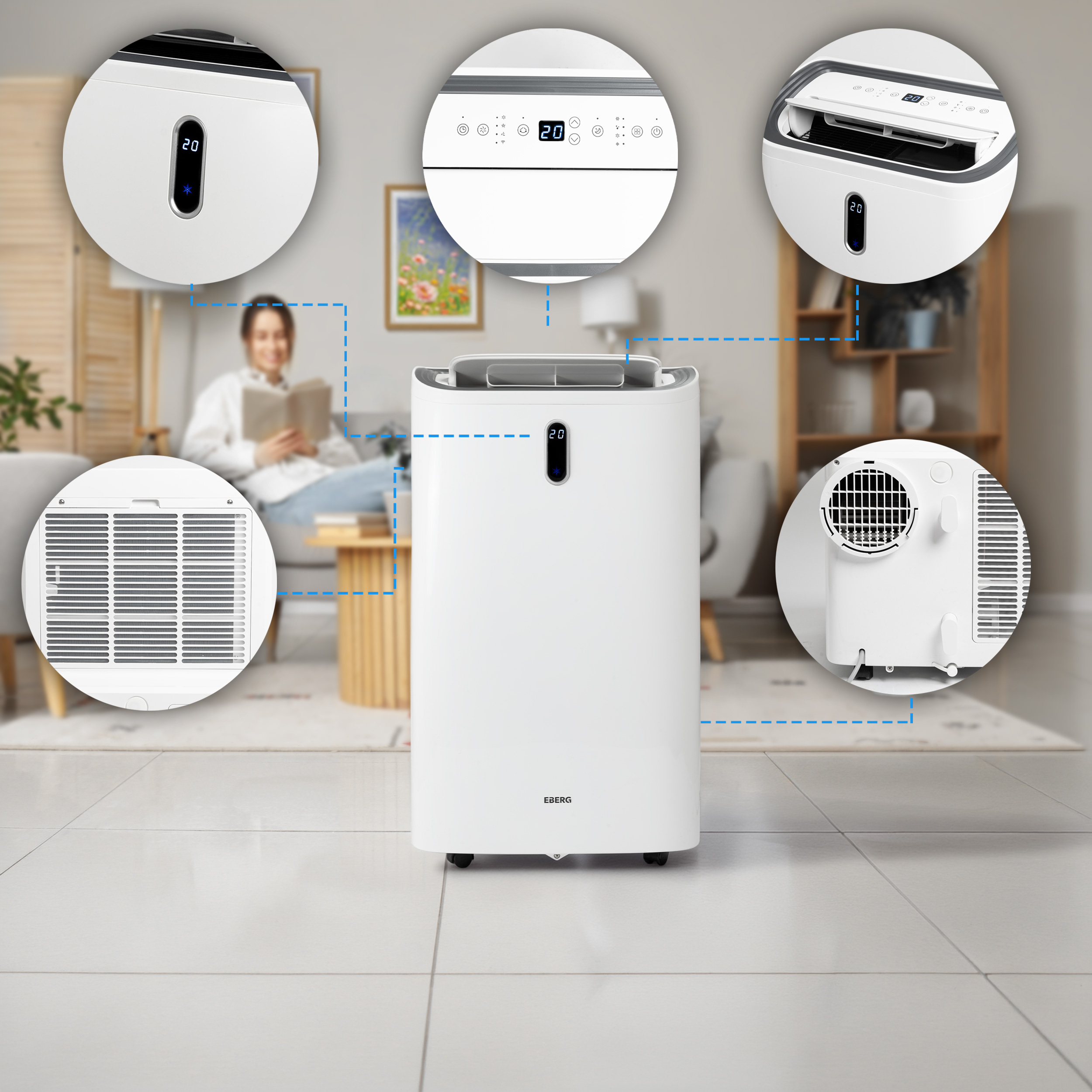 Biały osuszacz powietrza z cyfrowymi wyświetlaczami i otworami wentylacyjnymi, w salonie.