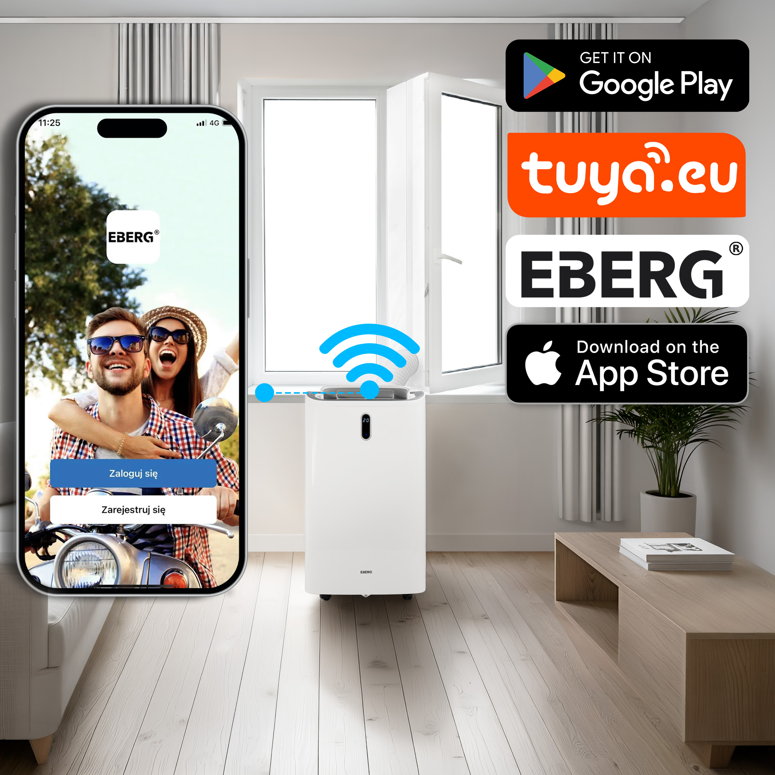 Biały klimatyzator stoi przy oknie. Smartfon wyświetla aplikację.