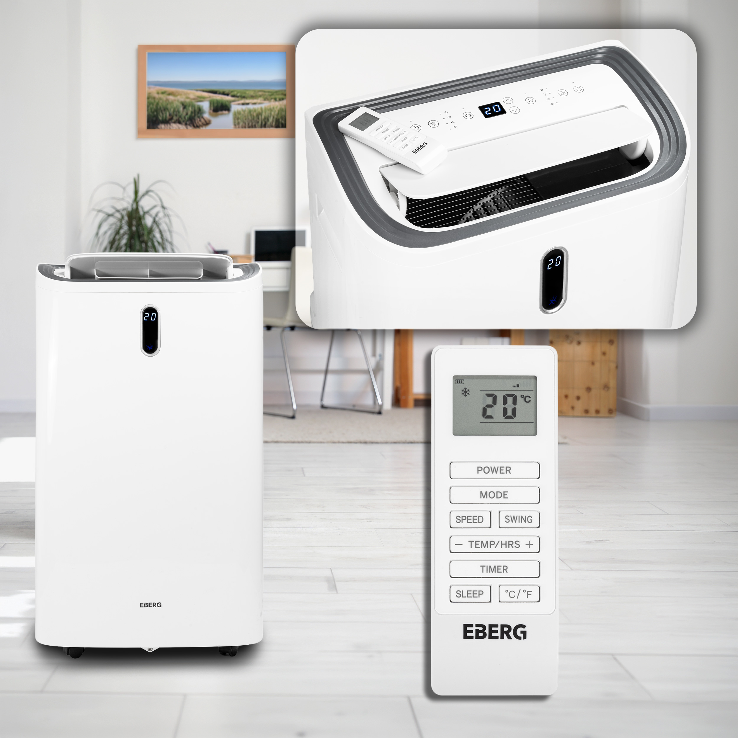 Biała przenośna klimatyzacja z pilotem i cyfrowym wyświetlaczem.