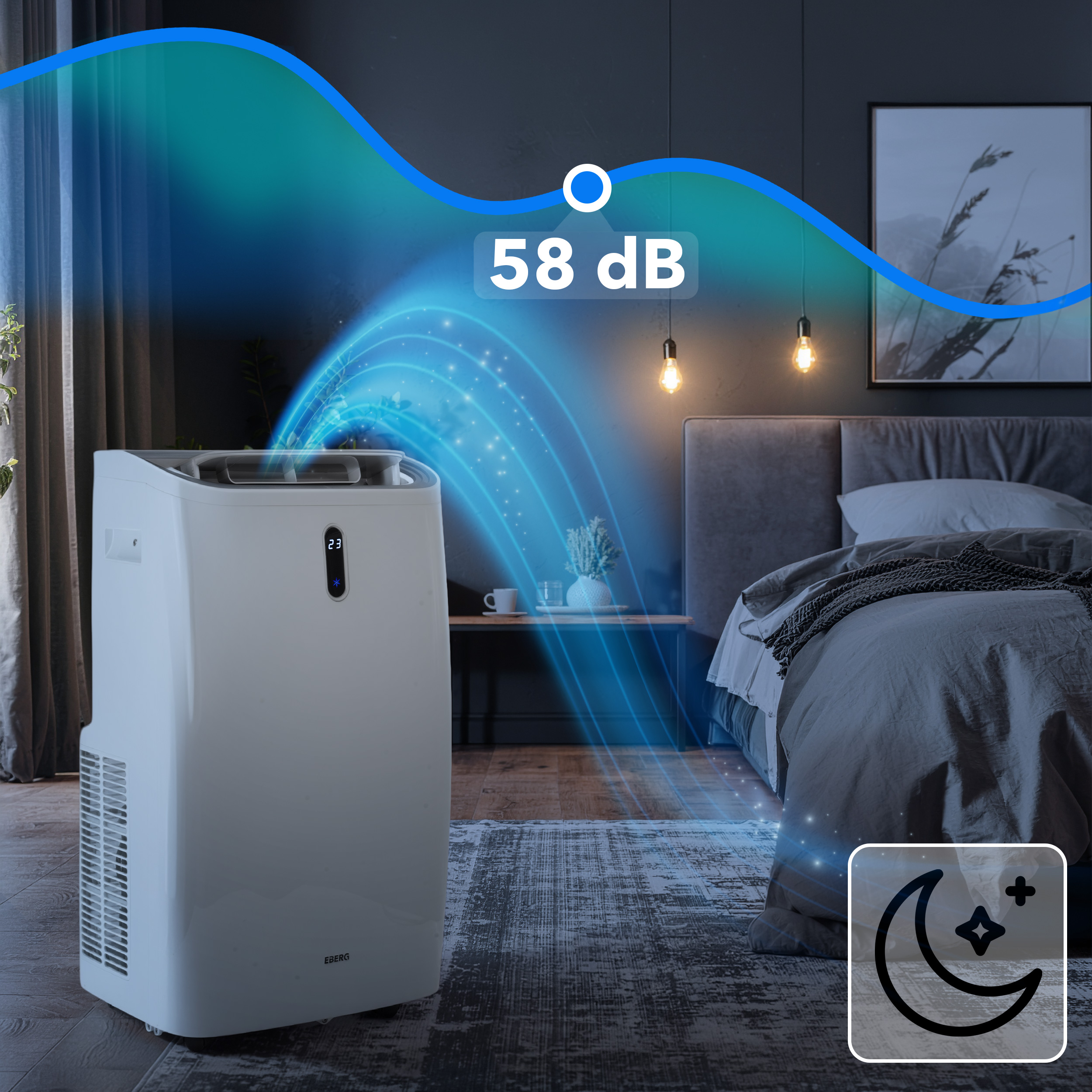 Biały przenośny klimatyzator w sypialni z niebieskimi efektami przepływu powietrza.
