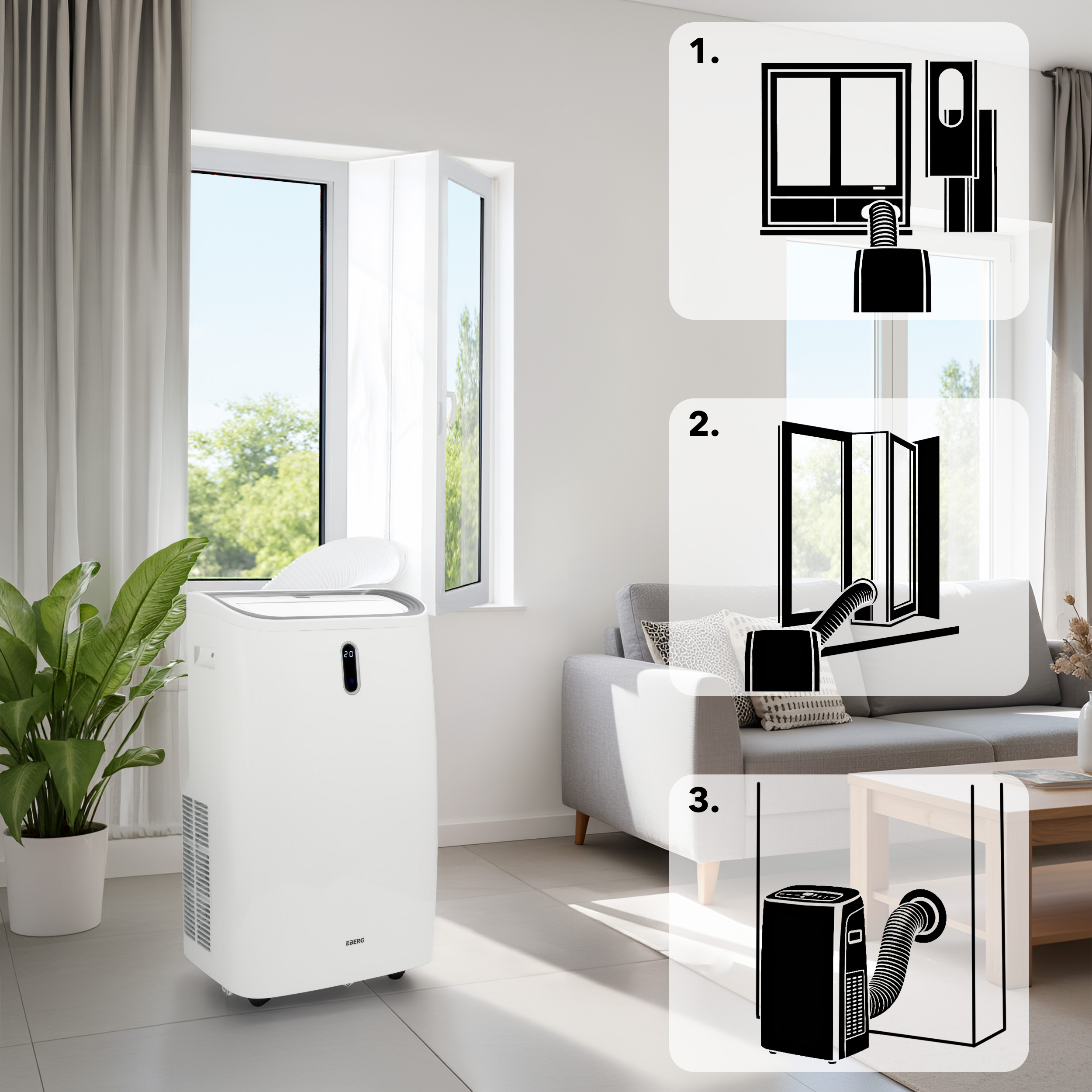 Biały wąż przenośnej klimatyzacji przechodzi przez okno.