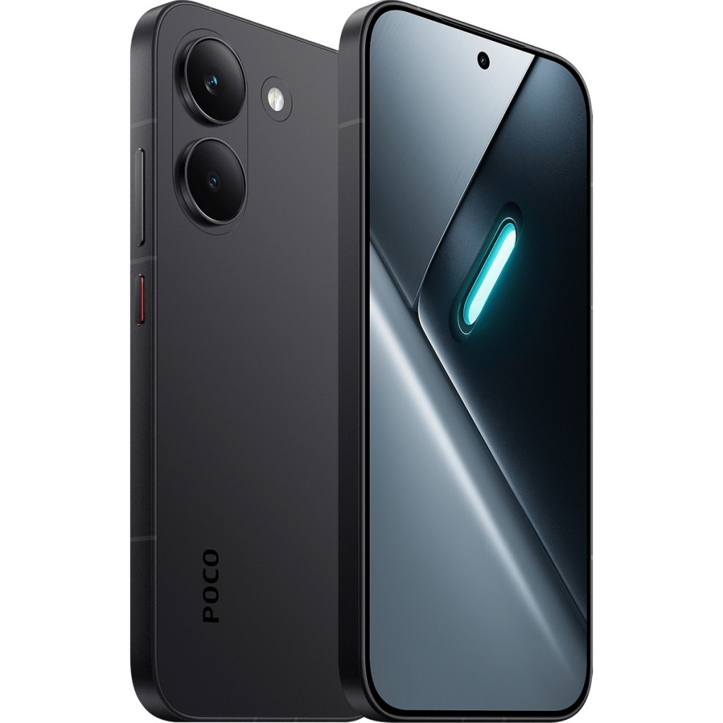 Arkada iki kamerası ve ekranında parlayan mavi öğesi olan siyah bir akıllı telefon.
