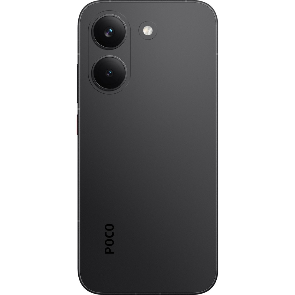 Arkada çift kamera ve flaşlı siyah akıllı telefon. POCO logosu.