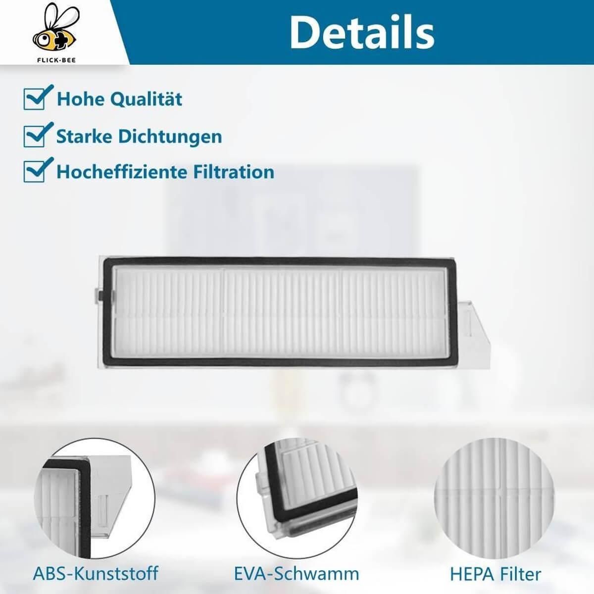 Ein HEPA-Filter mit ABS-Kunststoff, EVA-Schwamm und hoher Qualität.