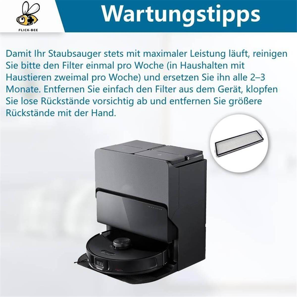 Schwarzer Saugroboter mit Ladestation und Filter daneben.