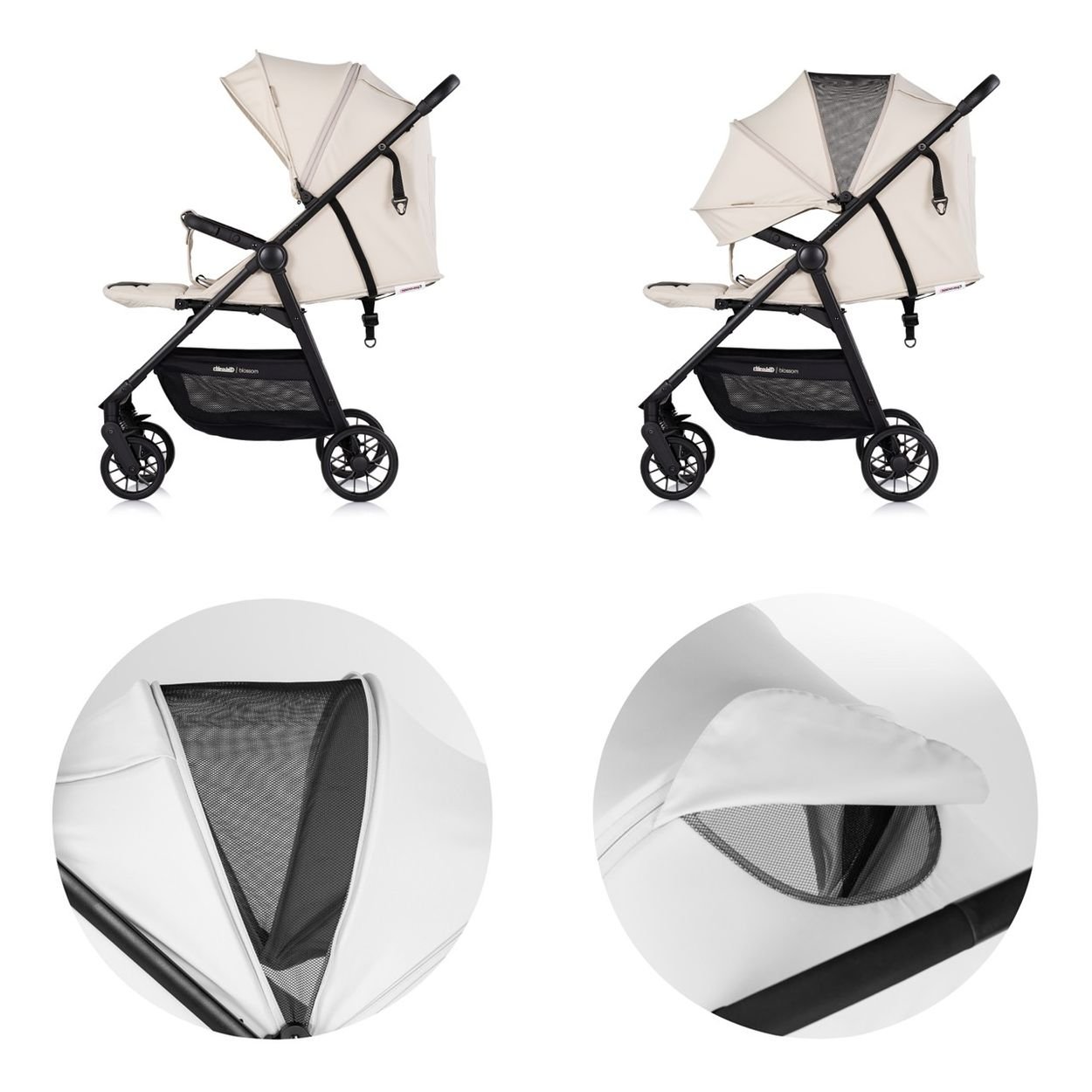 Beiger Kinderwagen mit schwarzem Gestell und Netzdetails.