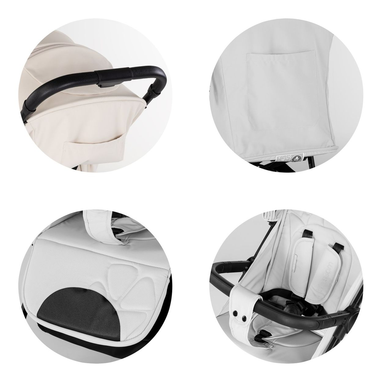 Details eines Kinderwagens: Griff, Tasche, Sitzpolster und Gurte.