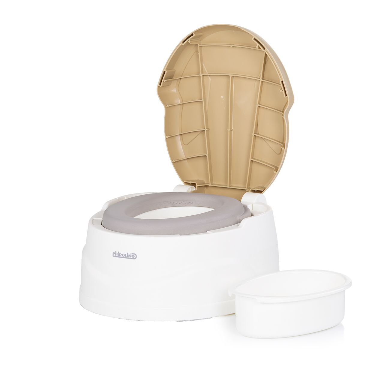 Ein weißer Kindertopf mit geöffnetem beige-farbenem Deckel und einem herausnehmbaren Einsatz daneben.