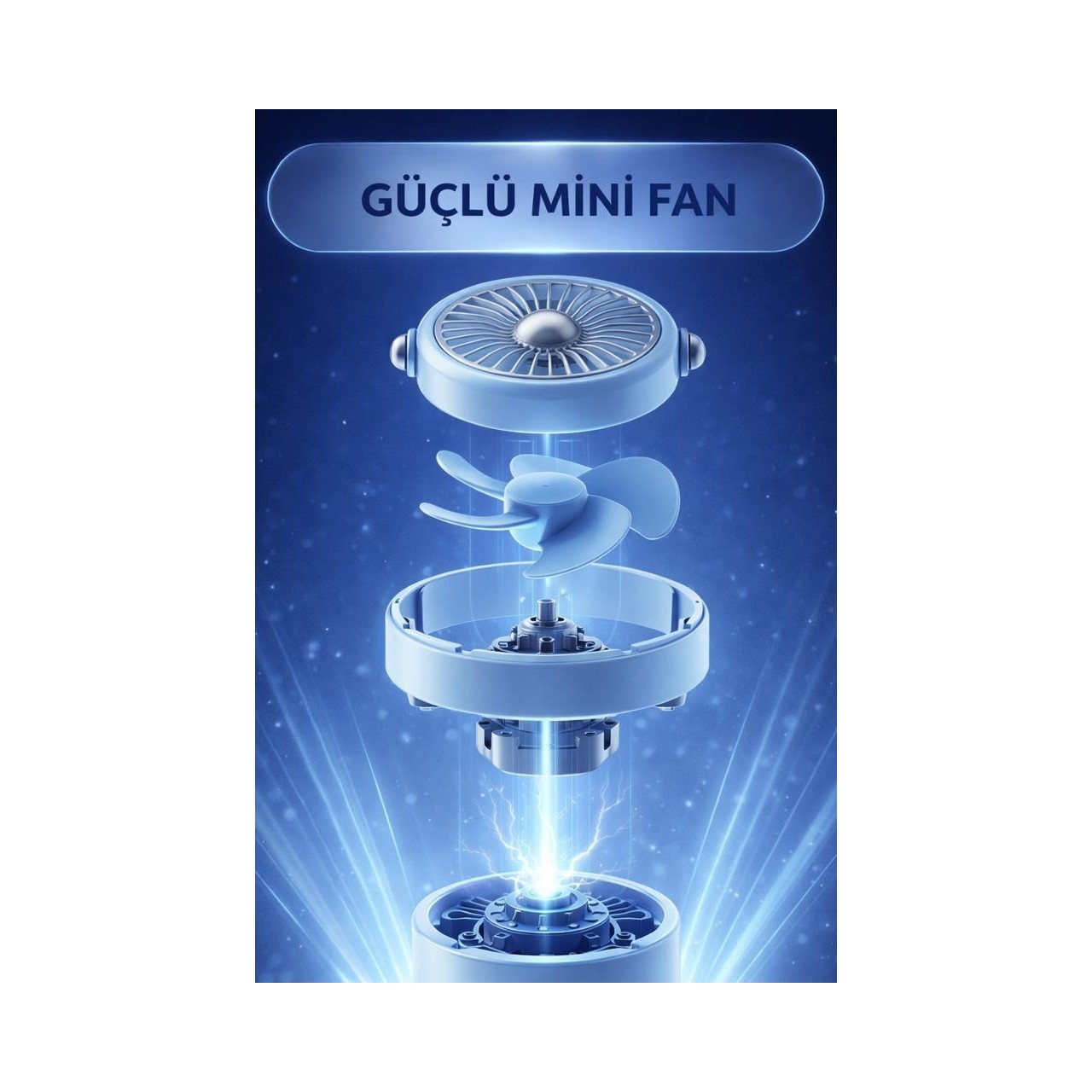 Parlayan enerji efektli mavi mini fanın patlatılmış görünümü.