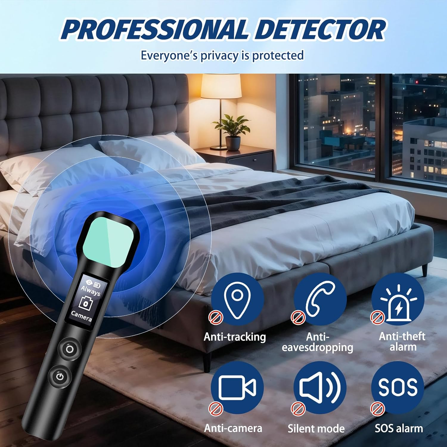 Ein Detektor liegt auf einem Bett, mit Symbolen für Anti-Tracking, Anti-Abhören, Alarm.